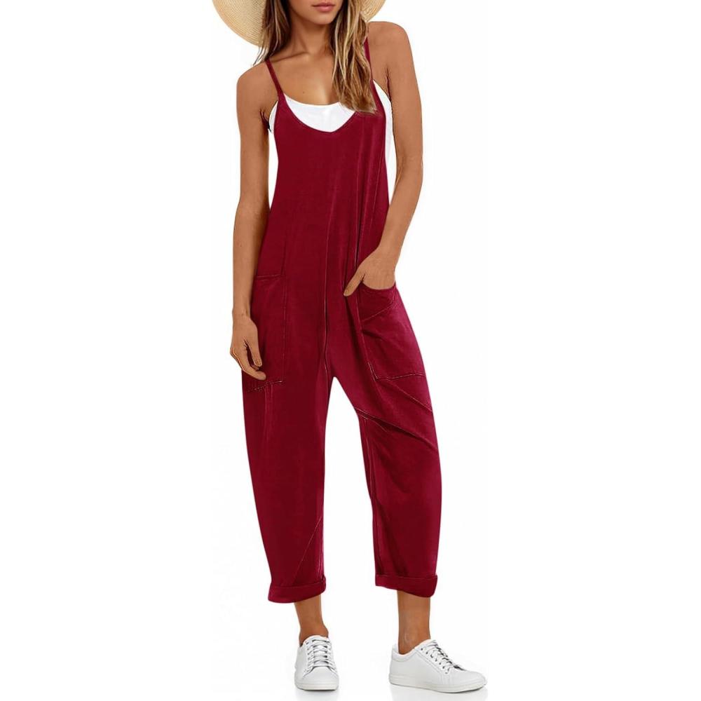 image:imageFisoew Womens Summer Sleeveless Loose Casual V Neck Jumpsuits Spaghetti Strap Long Pants Baggy Overalls with PocketsWine Red