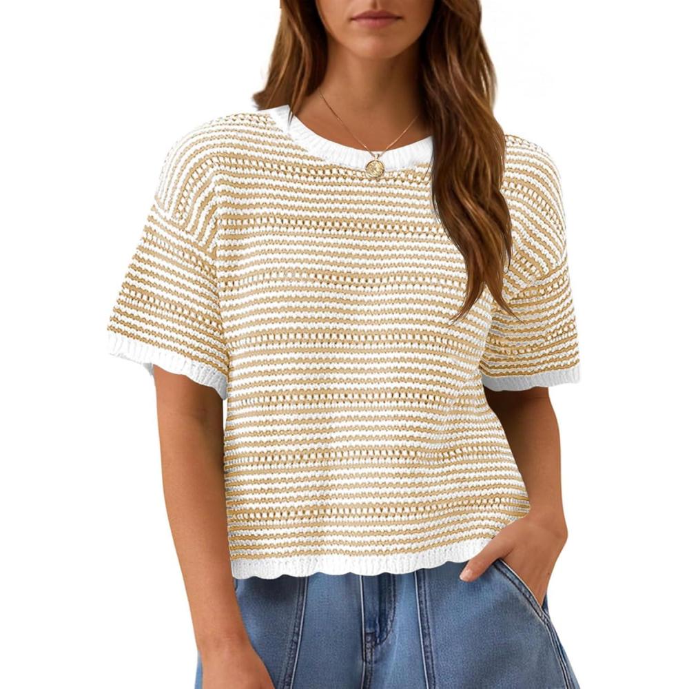 image:imageFisoew Womens Summer Striped Cropped Knit Tops Short Sleeve Crew Neck Casual Sweater Going Out Trendy Pullover ShirtsApricot