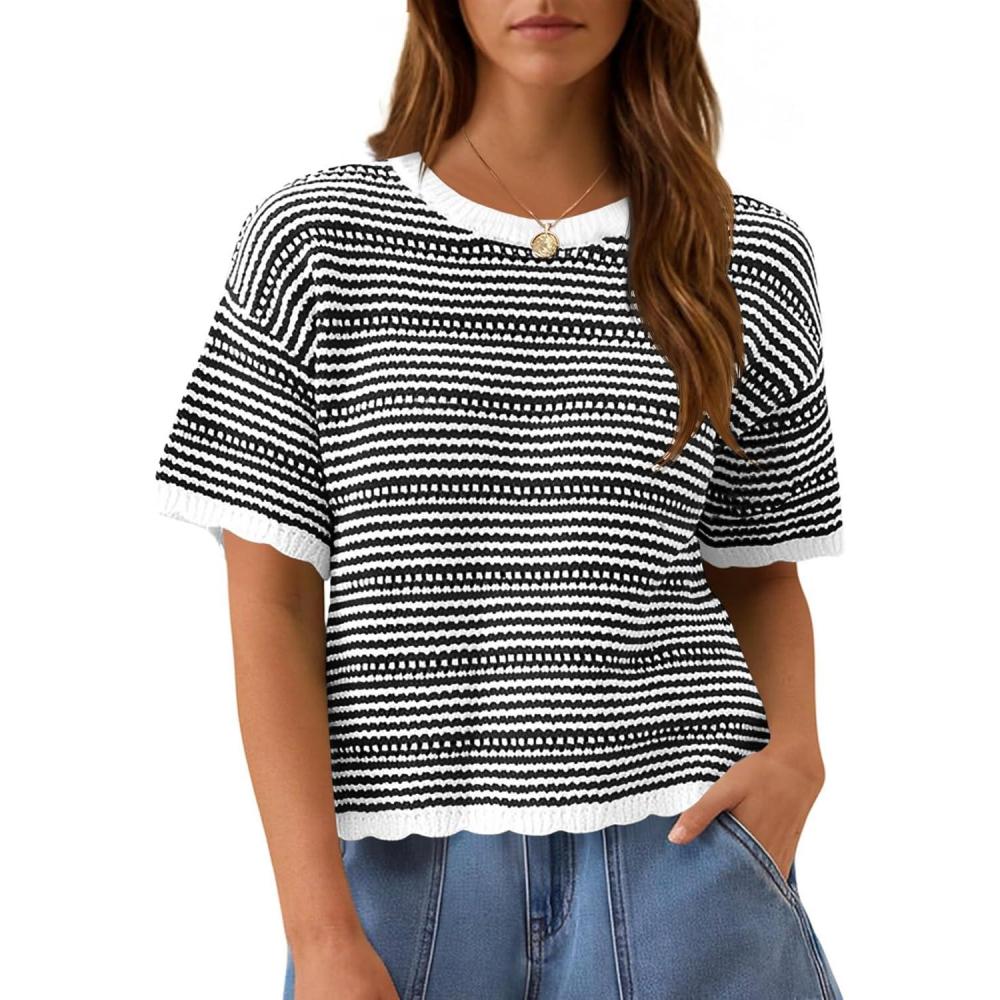 image:imageFisoew Womens Summer Striped Cropped Knit Tops Short Sleeve Crew Neck Casual Sweater Going Out Trendy Pullover ShirtsBlack