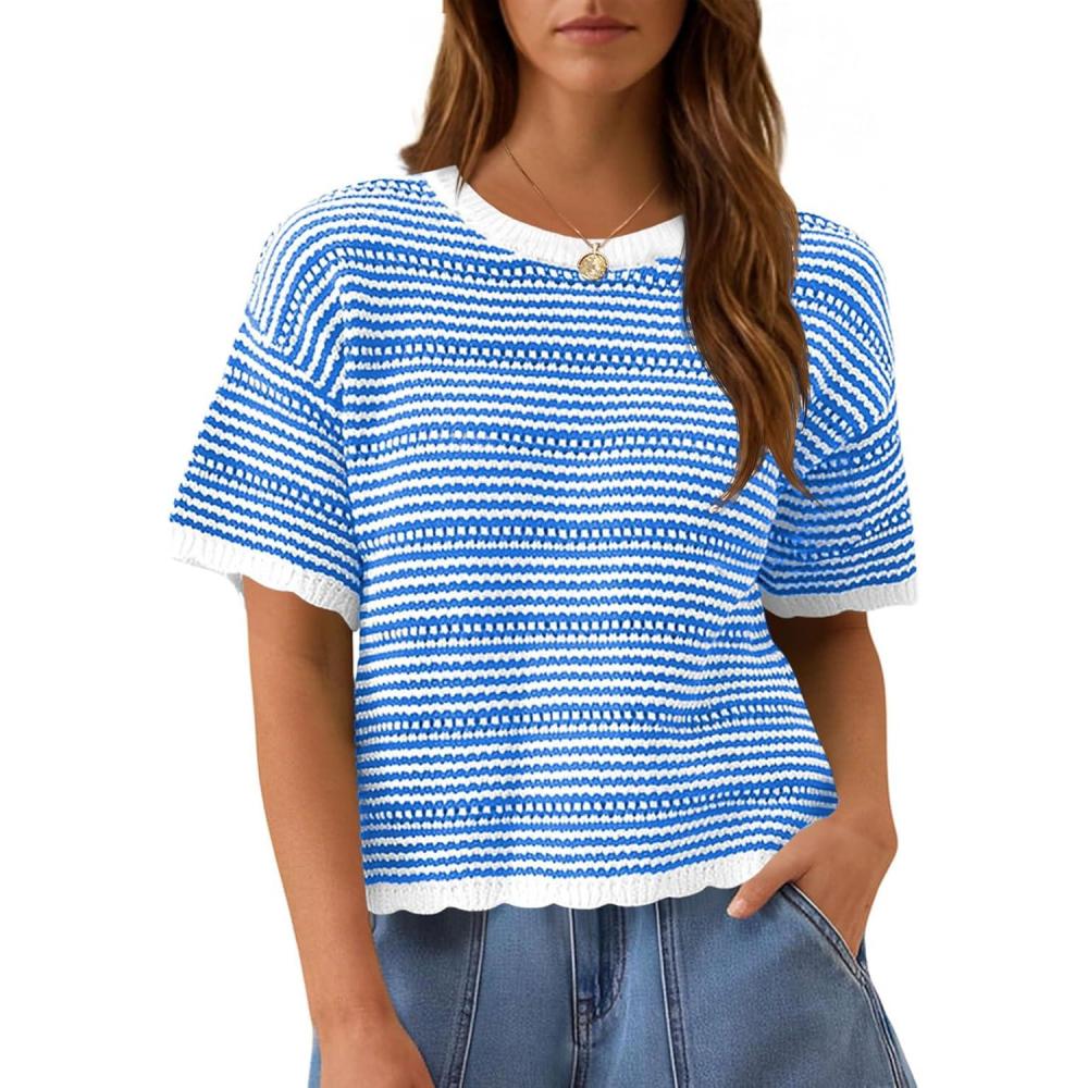 image:imageFisoew Womens Summer Striped Cropped Knit Tops Short Sleeve Crew Neck Casual Sweater Going Out Trendy Pullover ShirtsBlue