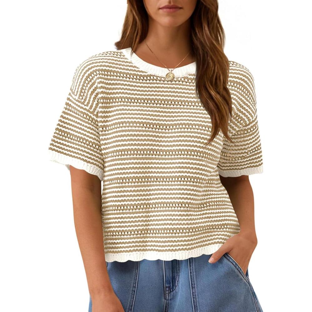 image:imageFisoew Womens Summer Striped Cropped Knit Tops Short Sleeve Crew Neck Casual Sweater Going Out Trendy Pullover ShirtsKhaki