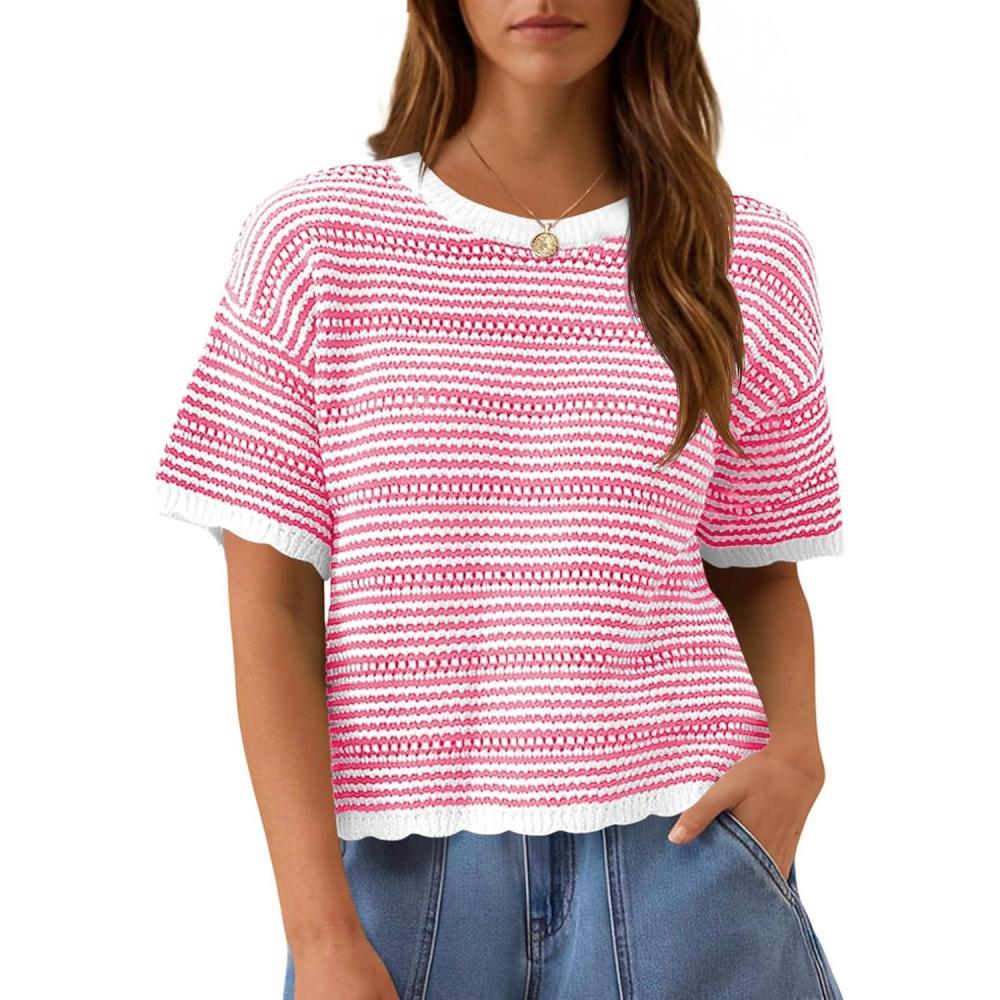 image:imageFisoew Womens Summer Striped Cropped Knit Tops Short Sleeve Crew Neck Casual Sweater Going Out Trendy Pullover ShirtsPink