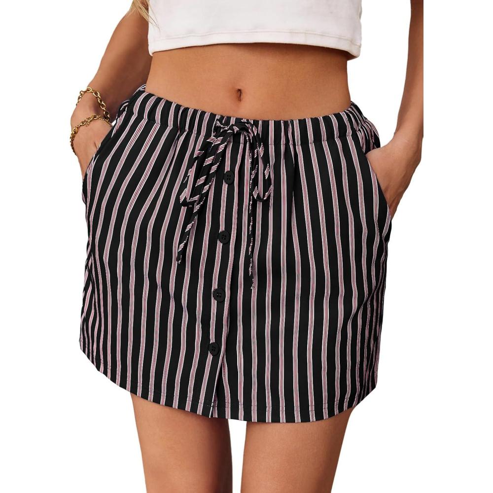 image:imageFisoew Womens Summer Striped Mini Skirts Casual Drawstring Elastic Waist Button Cute Y2K Skorts ShortsBlack