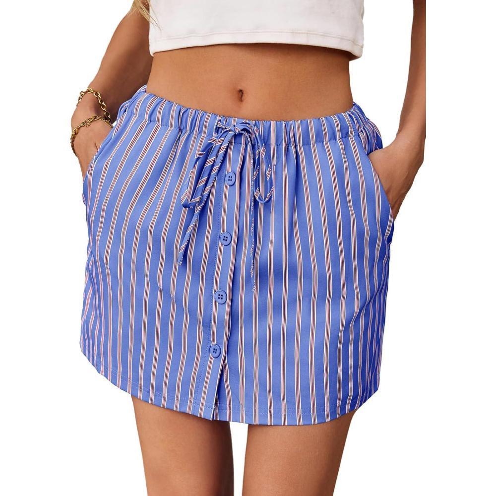 image:imageFisoew Womens Summer Striped Mini Skirts Casual Drawstring Elastic Waist Button Cute Y2K Skorts ShortsBlue