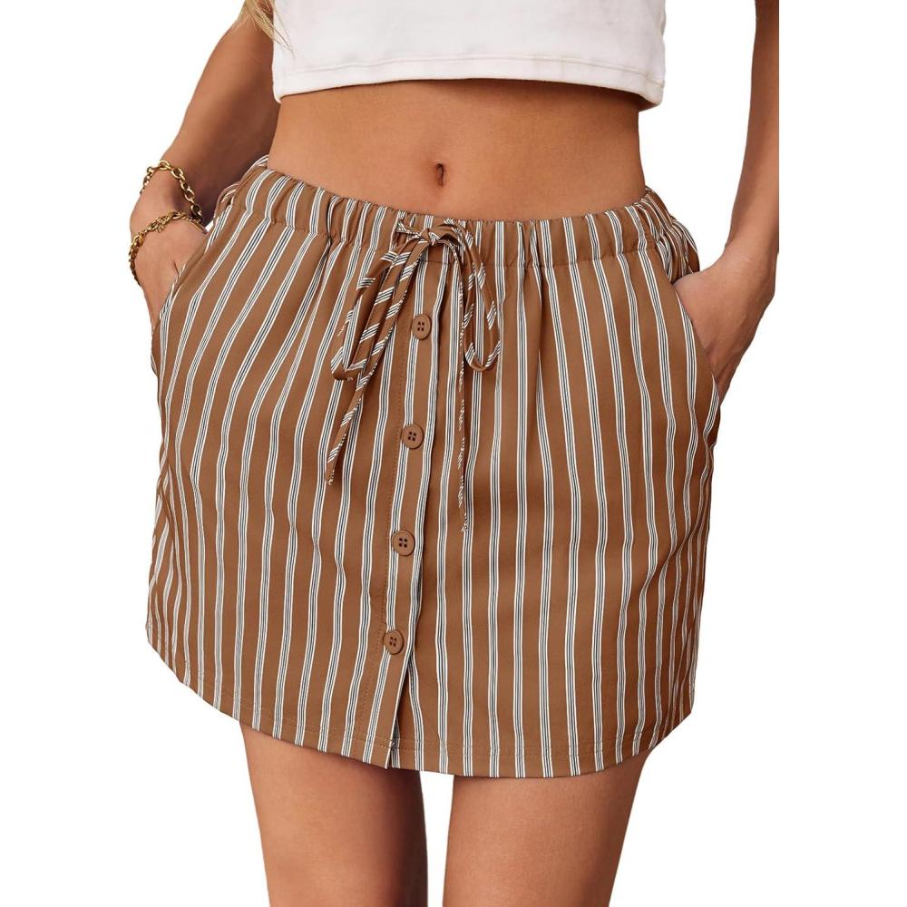 image:imageFisoew Womens Summer Striped Mini Skirts Casual Drawstring Elastic Waist Button Cute Y2K Skorts ShortsBrown