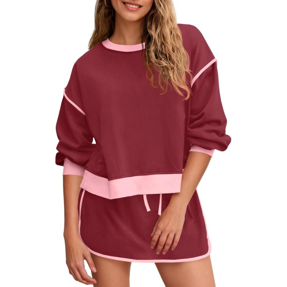 image:imageFisoew Womens Sweatsuits 2 Piece Set Crewneck Sweatshirts High Waisted Skort Skirts Tennis Running Tracksuits Shorts SetsBurgundy