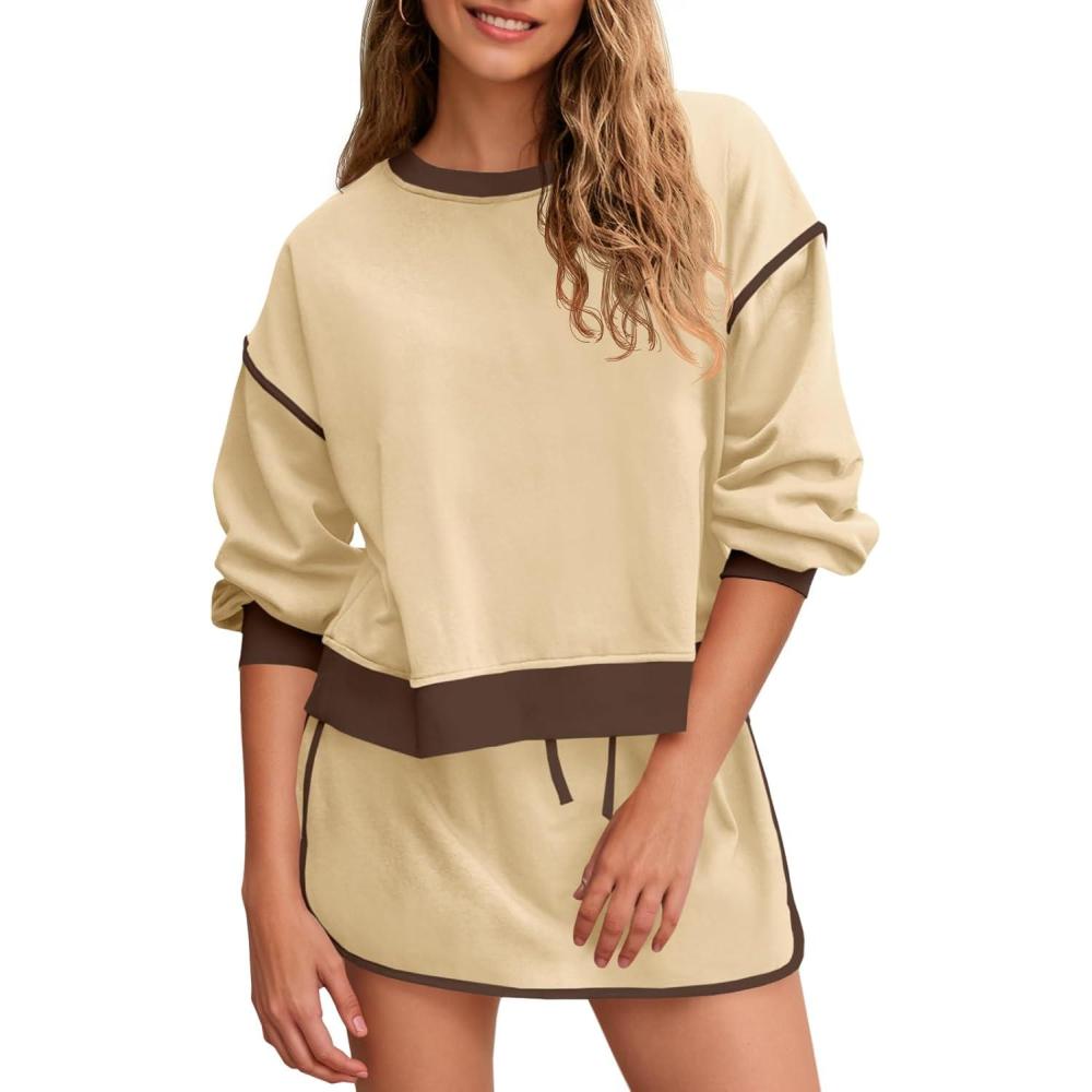 image:imageFisoew Womens Sweatsuits 2 Piece Set Crewneck Sweatshirts High Waisted Skort Skirts Tennis Running Tracksuits Shorts SetsKhaki