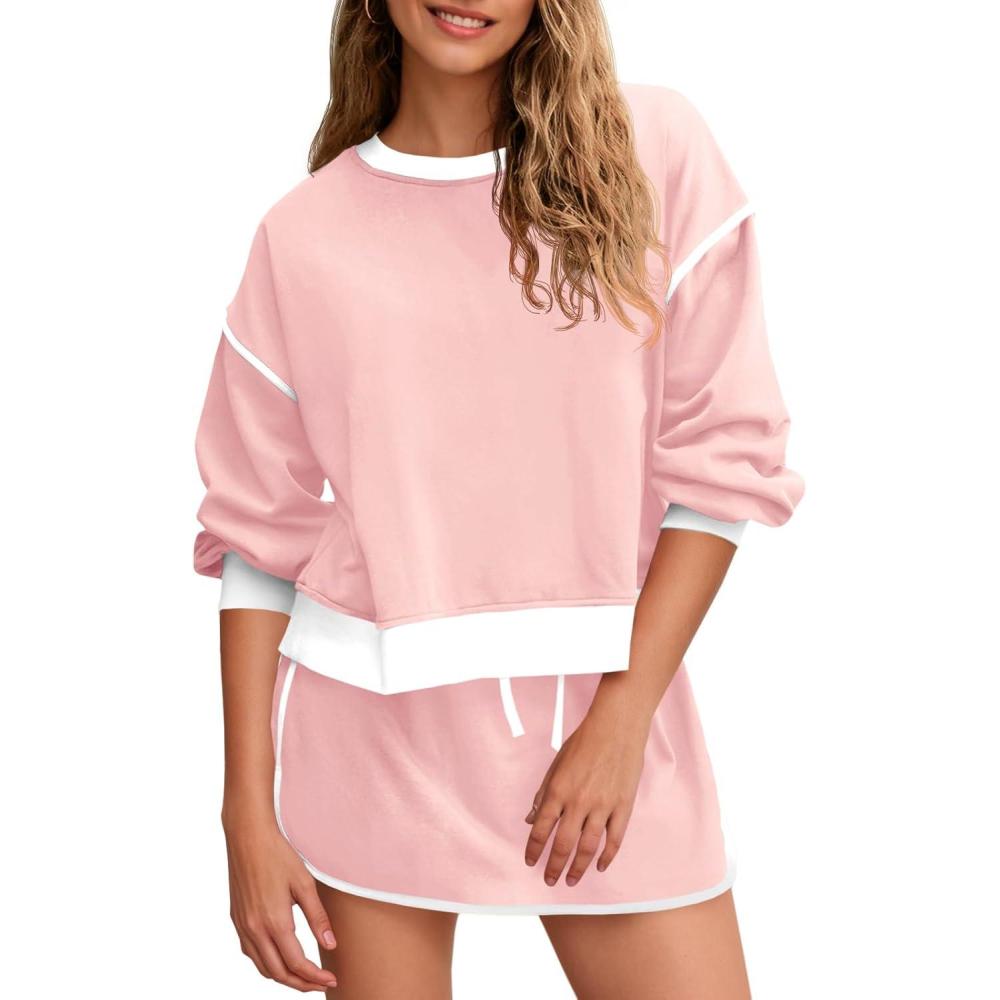 image:imageFisoew Womens Sweatsuits 2 Piece Set Crewneck Sweatshirts High Waisted Skort Skirts Tennis Running Tracksuits Shorts SetsLight Pink