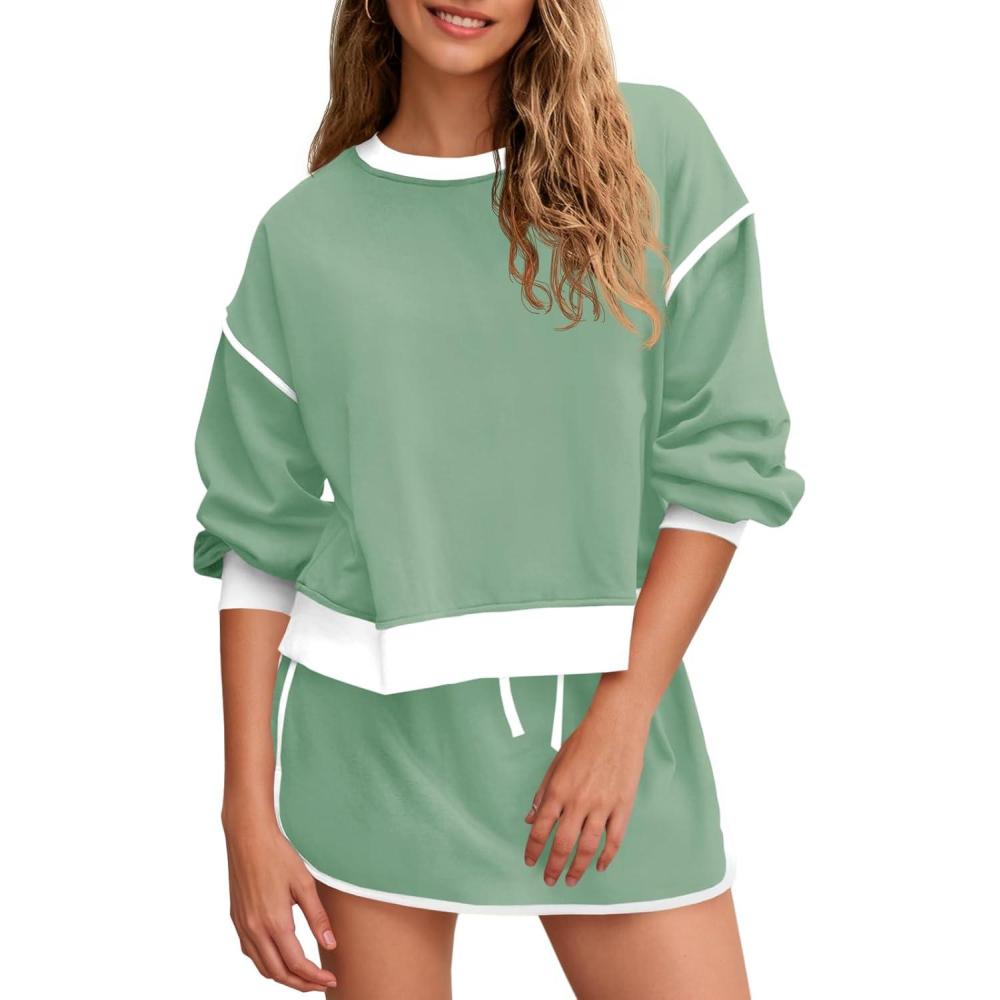 image:imageFisoew Womens Sweatsuits 2 Piece Set Crewneck Sweatshirts High Waisted Skort Skirts Tennis Running Tracksuits Shorts SetsMint
