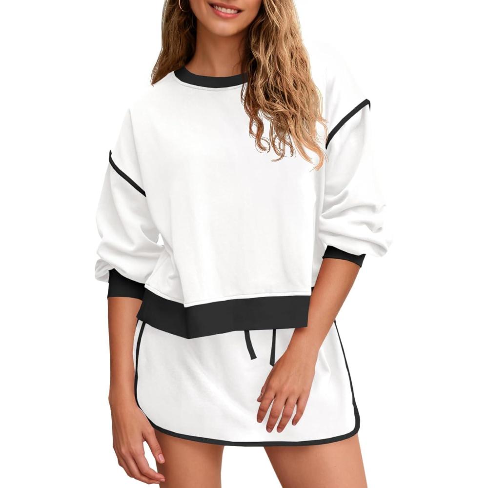 image:imageFisoew Womens Sweatsuits 2 Piece Set Crewneck Sweatshirts High Waisted Skort Skirts Tennis Running Tracksuits Shorts SetsWhiteBlack