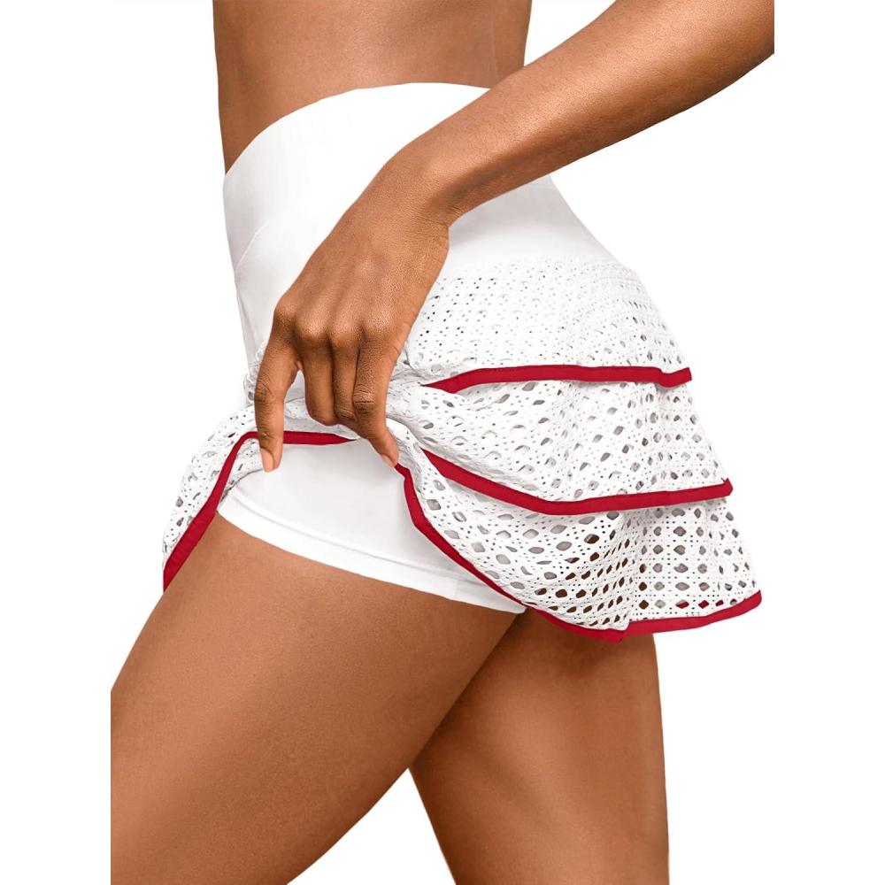 image:imageFisoew Womens Tennis Golf Skirts Built in Shorts High Waisted Tiered Athletic Workout Crochet Mini Skorts with PocketsWhite