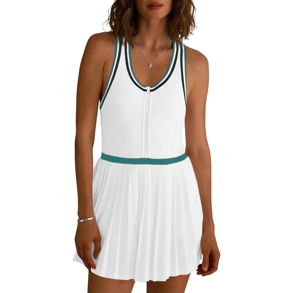image:imageFisoew Womens Tennis Mini Dress Half Zipper Racerback Athletic Workout Pleated Dresses with Builtin Shortsamp BraWhite