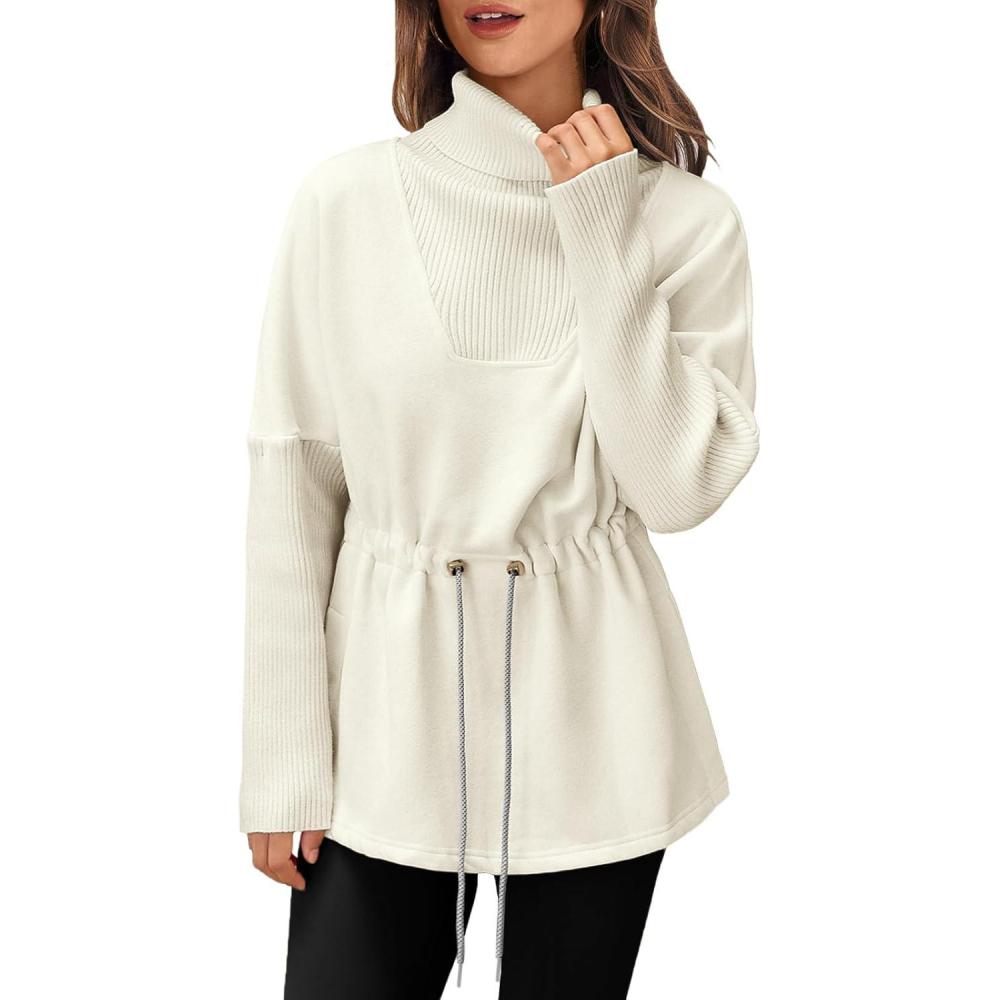 image:imageFisoew Womens Turtleneck Sweatshirts Fleece Drawstring Waist Casual Long Sleeve Pullover Sweater Side Slit Tunic TopsBeige