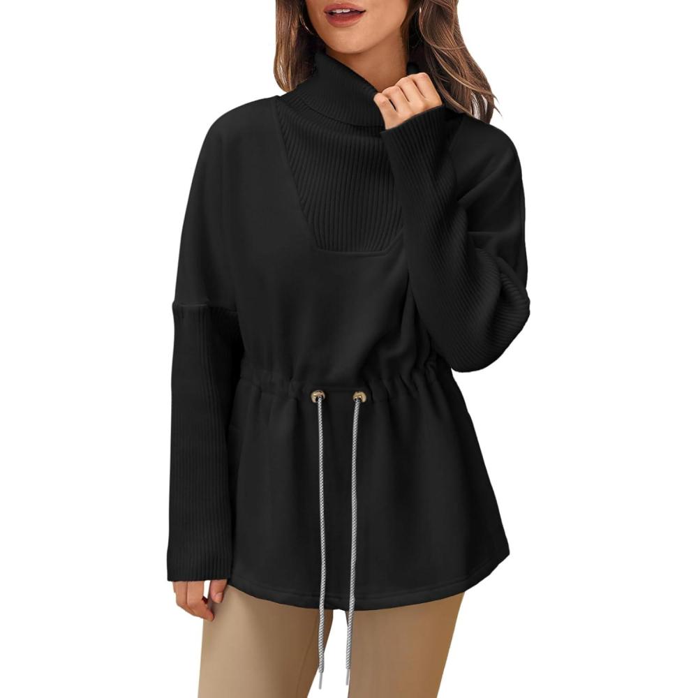 image:imageFisoew Womens Turtleneck Sweatshirts Fleece Drawstring Waist Casual Long Sleeve Pullover Sweater Side Slit Tunic TopsBlack