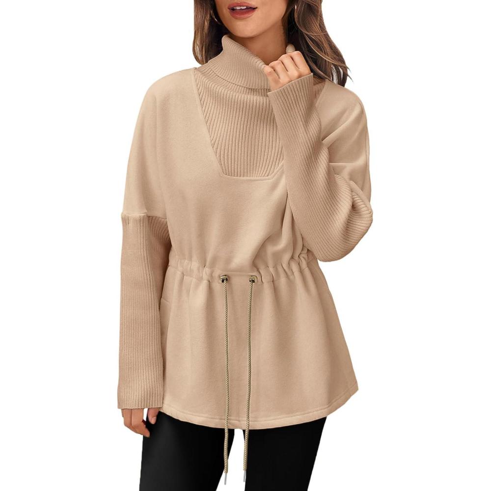 image:imageFisoew Womens Turtleneck Sweatshirts Fleece Drawstring Waist Casual Long Sleeve Pullover Sweater Side Slit Tunic TopsKhaki