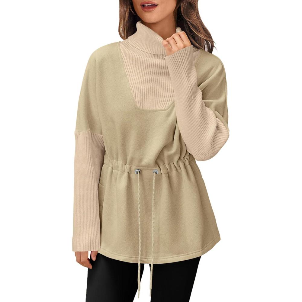 image:imageFisoew Womens Turtleneck Sweatshirts Fleece Drawstring Waist Casual Long Sleeve Pullover Sweater Side Slit Tunic TopsZ1color Blockbeige
