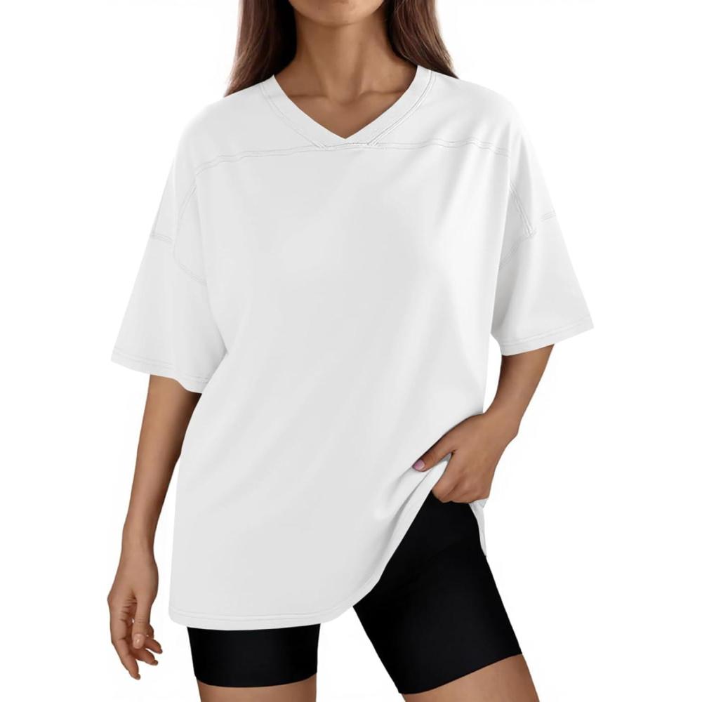 image:imageFisoew Womens V Neck T Shirts Athletic Gym Short Sleeve Loose Running Casual Summer TopsWhite