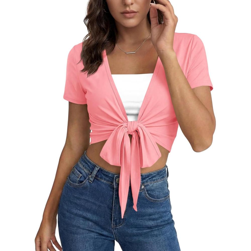 image:imageFisoew Womens Workout Crop Tops Casual Wrap Tie Short Sleeve Loose Shirts Ballet Pilates Yoga Active Tee TopsPink