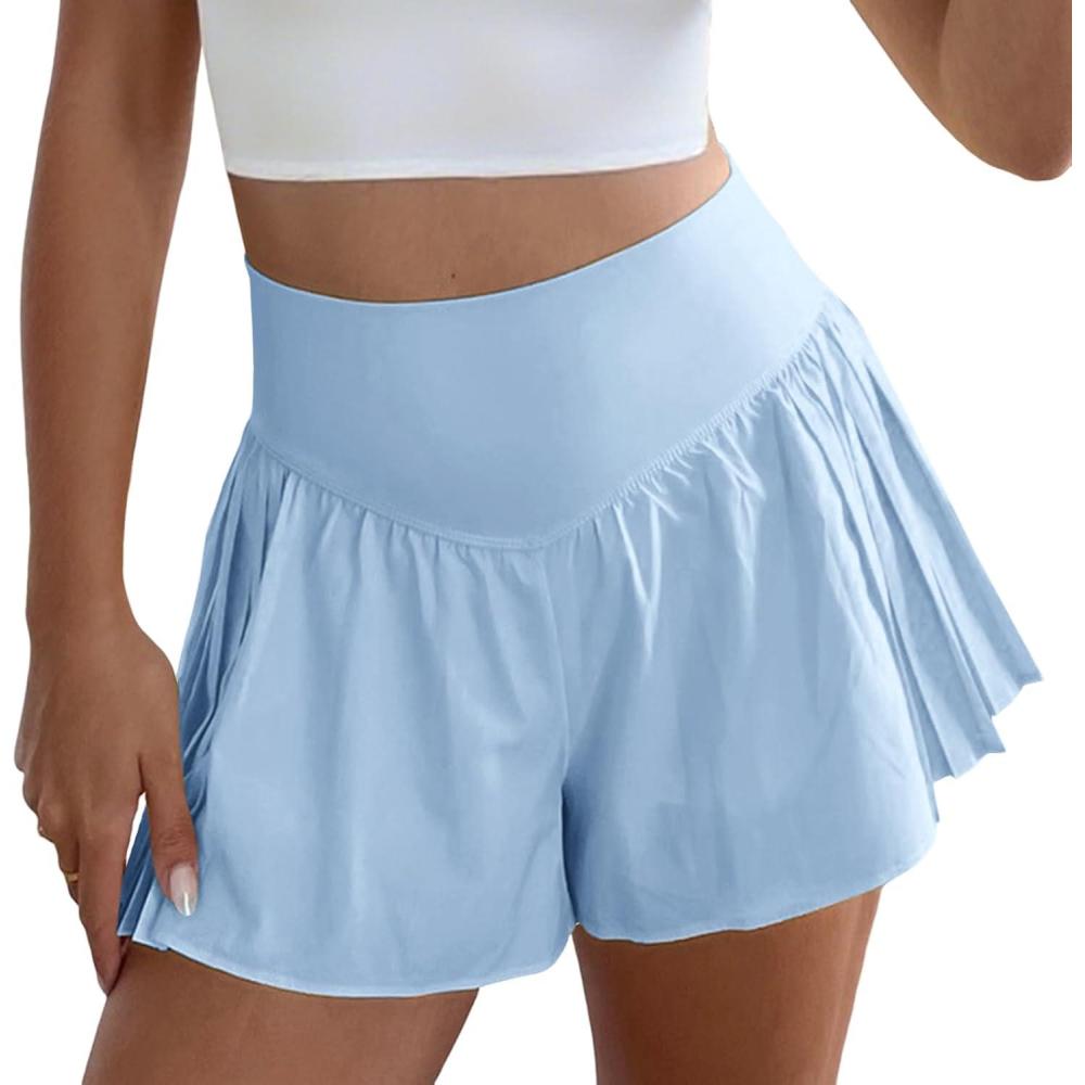 image:imageFisoew Womens Workout Gym Shorts Elastic High Waisted Pleated Lightweight Active Running ShortsSky Blue