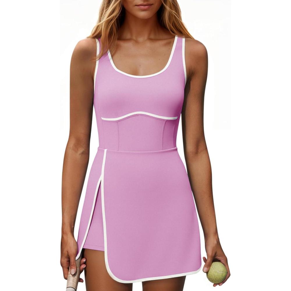 image:imageFisoew Womens Workout Tennis Dress with Builtin Bra amp Shorts Pockets Sleeveless Cutout Golf Athletic Mini DressesPink