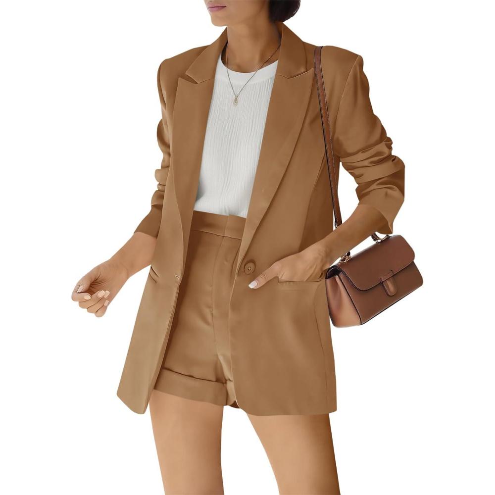image:imageWomens 2 Piece Open Front Long Sleeve Blazer and Solid Short Pants Suit SetsKhaki