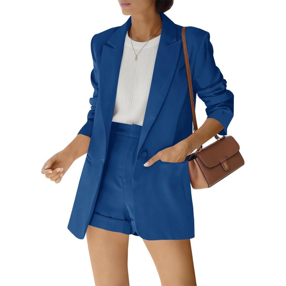 image:imageWomens 2 Piece Open Front Long Sleeve Blazer and Solid Short Pants Suit SetsRoyal Blue