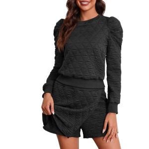 Fisoew Women’s 2 Piece Lounge Wear Set Long Sleeve Argyle Sweatshirts and Wrap Skorts Casual Sets(Black)