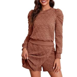 Fisoew Women’s 2 Piece Lounge Wear Set Long Sleeve Argyle Sweatshirts and Wrap Skorts Casual Sets(Brown)