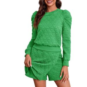 Fisoew Women’s 2 Piece Lounge Wear Set Long Sleeve Argyle Sweatshirts and Wrap Skorts Casual Sets(Green)
