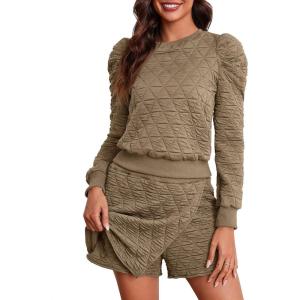 Fisoew Women’s 2 Piece Lounge Wear Set Long Sleeve Argyle Sweatshirts and Wrap Skorts Casual Sets(Khaki)