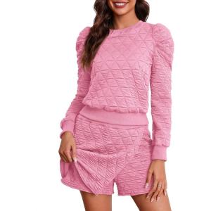 Fisoew Women’s 2 Piece Lounge Wear Set Long Sleeve Argyle Sweatshirts and Wrap Skorts Casual Sets(Pink)