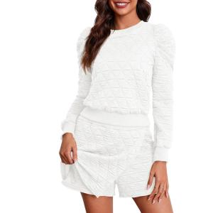Fisoew Women’s 2 Piece Lounge Wear Set Long Sleeve Argyle Sweatshirts and Wrap Skorts Casual Sets(White)