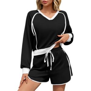 Fisoew Womens 2 Piece Outfits Casual V Neck Cropped Sweatshirt High Waisted Workout Shorts Sets Loose Tracksuits(Black)
