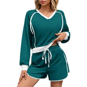 Fisoew Womens 2 Piece Outfits Casual V Neck Cropped Sweatshirt High Waisted Workout Shorts Sets Loose Tracksuits(Dark Green)