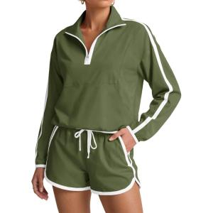 Fisoew Womens 2 Piece Outfits Sets Zip V Neck Long Sleeve Pullover Tops Shorts Casual Tennis Running Tracksuits(Green)