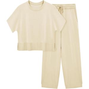 Fisoew Womens 2 Piece Outfits Sweater Sets Knit Split Crop Tops High Waisted Pants Lounge Set(Beige)