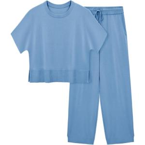 Fisoew Womens 2 Piece Outfits Sweater Sets Knit Split Crop Tops High Waisted Pants Lounge Set(Blue)