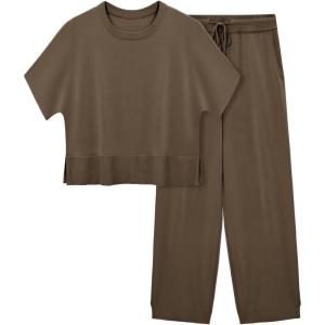 Fisoew Womens 2 Piece Outfits Sweater Sets Knit Split Crop Tops High Waisted Pants Lounge Set(Brown)