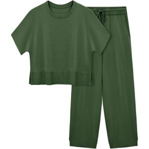 Fisoew Womens 2 Piece Outfits Sweater Sets Knit Split Crop Tops High Waisted Pants Lounge Set(Green)