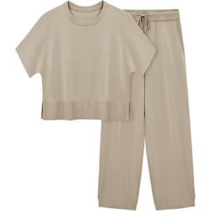 Fisoew Womens 2 Piece Outfits Sweater Sets Knit Split Crop Tops High Waisted Pants Lounge Set(Khaki)