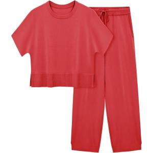 Fisoew Womens 2 Piece Outfits Sweater Sets Knit Split Crop Tops High Waisted Pants Lounge Set(Red)