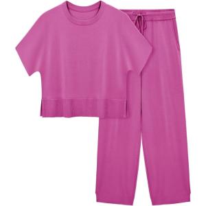 Fisoew Womens 2 Piece Outfits Sweater Sets Knit Split Crop Tops High Waisted Pants Lounge Set(Rose Red)