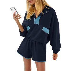 Fisoew Womens 2 Piece Outfits Sweatsuits Casual Snap Color Block Sweatshirts Running Shorts Sets Fall Loose Tracksuits