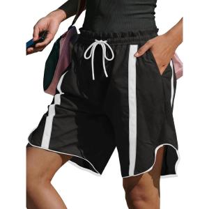 Fisoew Womens Baggy Cargo Shorts Casual Wide Leg Knee Length Drawstring Elastic Waist Workout Running Athletic Yoga Shorts(Black)