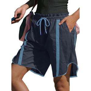 Fisoew Womens Baggy Cargo Shorts Casual Wide Leg Knee Length Drawstring Elastic Waist Workout Running Athletic Yoga Shorts(Navy)