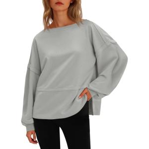 Fisoew Womens Casual Crewneck Sweatshirts Lantern Long Sleeve Side Slit Loose Sweatshirt Fall Crop Pullover Tops(Grey)