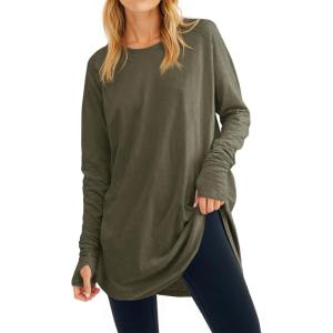 Fisoew Women’s Casual Long Sleeve Tops Crew Neck Round Hem Loose T-Shirts Tunic Tops with Thumb Holes(Army Green)