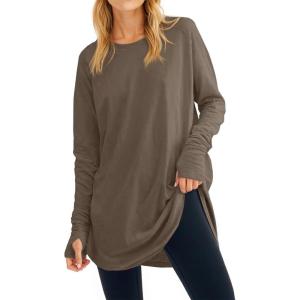 Fisoew Women’s Casual Long Sleeve Tops Crew Neck Round Hem Loose T-Shirts Tunic Tops with Thumb Holes(Coffee)