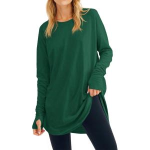 Fisoew Women’s Casual Long Sleeve Tops Crew Neck Round Hem Loose T-Shirts Tunic Tops with Thumb Holes(Green)