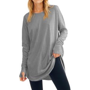 Fisoew Women’s Casual Long Sleeve Tops Crew Neck Round Hem Loose T-Shirts Tunic Tops with Thumb Holes(Grey)